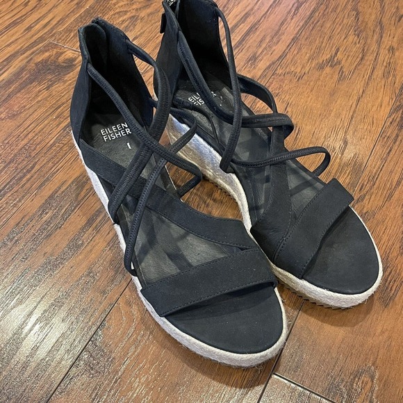 Eileen Fisher Wanda Tumbled Nubuck Espadrille Sandals in Black Size 9 - Picture 4 of 12